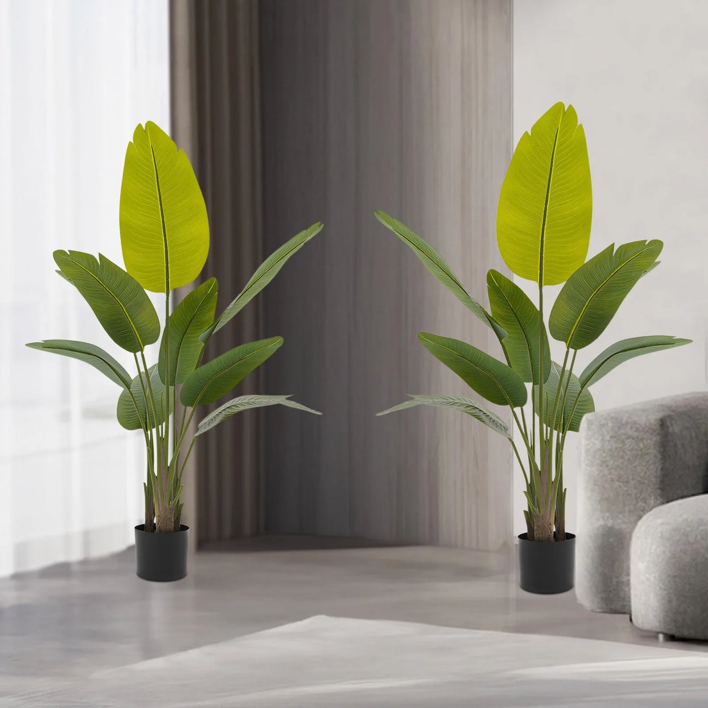 2Pcs Artificial Plants, Simulation Plants with Base, Fake Greenery Traveler Banana Leaf, Indoor Outdoor Home Office Decoration