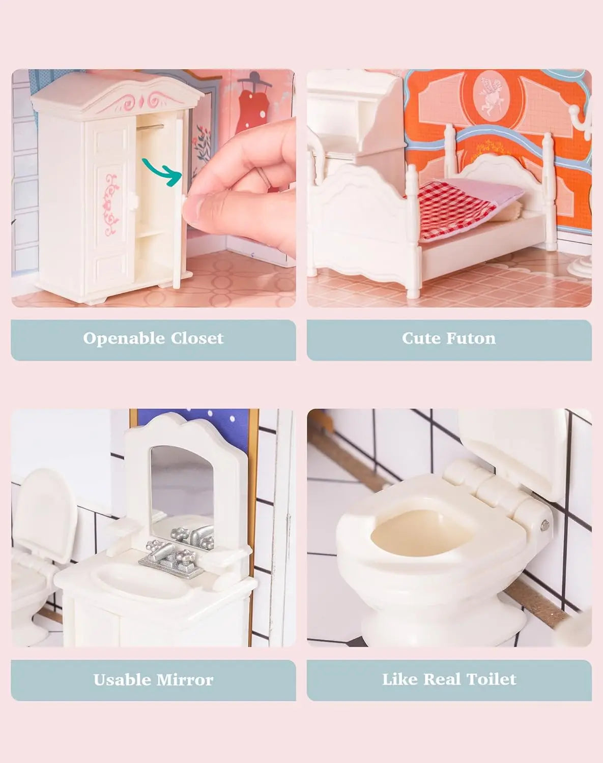 Robotime Robud Lady Wooden Dollhouse 3 Story with Balcony 28 Accessories Toy Gift for 3+Years Kid Girls