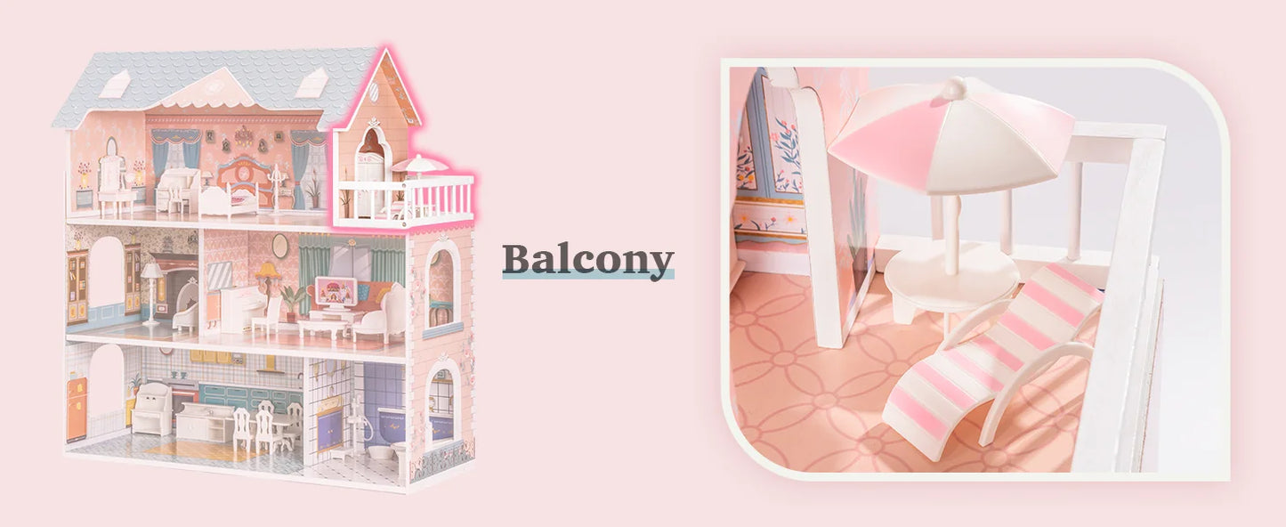 Robotime Robud Lady Wooden Dollhouse 3 Story with Balcony 28 Accessories Toy Gift for 3+Years Kid Girls