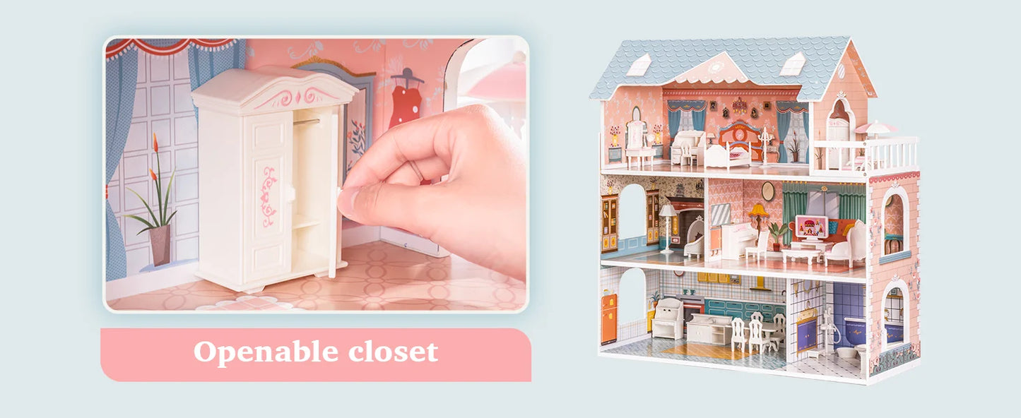 Robotime Robud Lady Wooden Dollhouse 3 Story with Balcony 28 Accessories Toy Gift for 3+Years Kid Girls