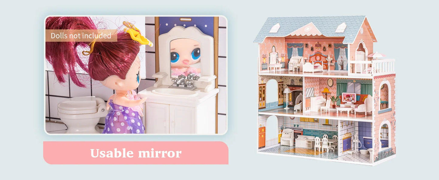 Robotime Robud Lady Wooden Dollhouse 3 Story with Balcony 28 Accessories Toy Gift for 3+Years Kid Girls