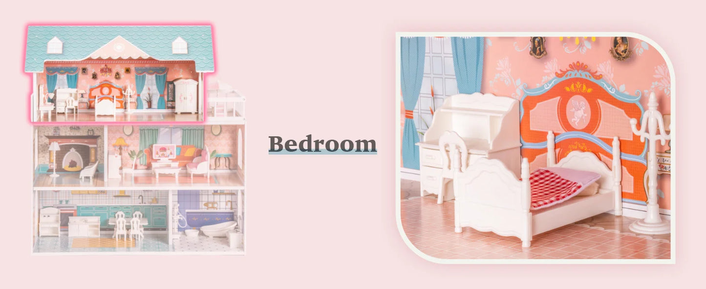 Robotime Robud Lady Wooden Dollhouse 3 Story with Balcony 28 Accessories Toy Gift for 3+Years Kid Girls