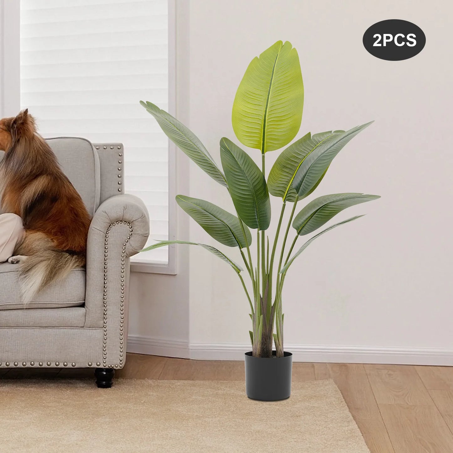 2Pcs Artificial Plants, Simulation Plants with Base, Fake Greenery Traveler Banana Leaf, Indoor Outdoor Home Office Decoration