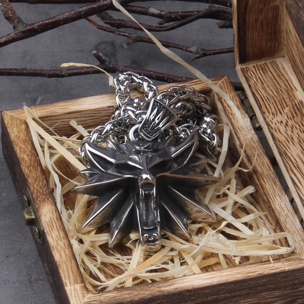Stainless Steel Viking jewelry Wizard 3 Wild Hunt Game pendant necklace Geralt wolf head necklace with wooden box