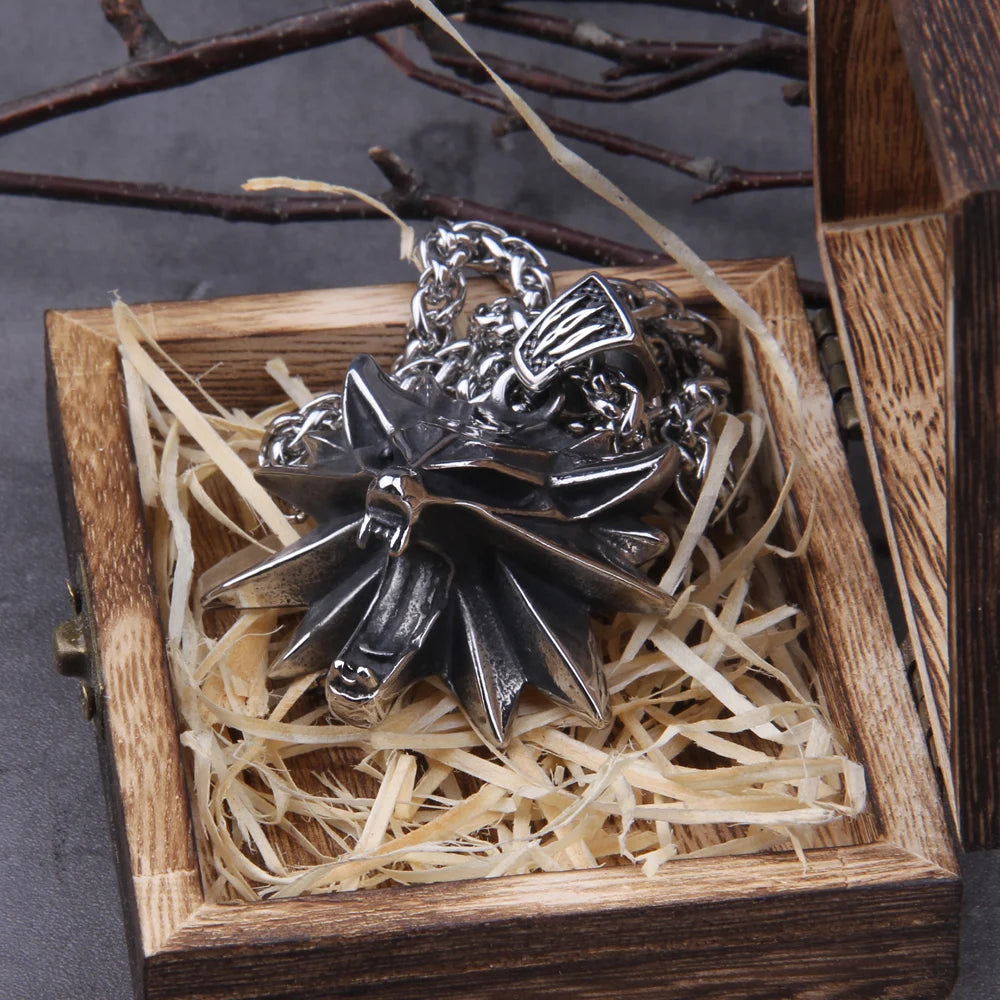 Stainless Steel Viking jewelry Wizard 3 Wild Hunt Game pendant necklace Geralt wolf head necklace with wooden box
