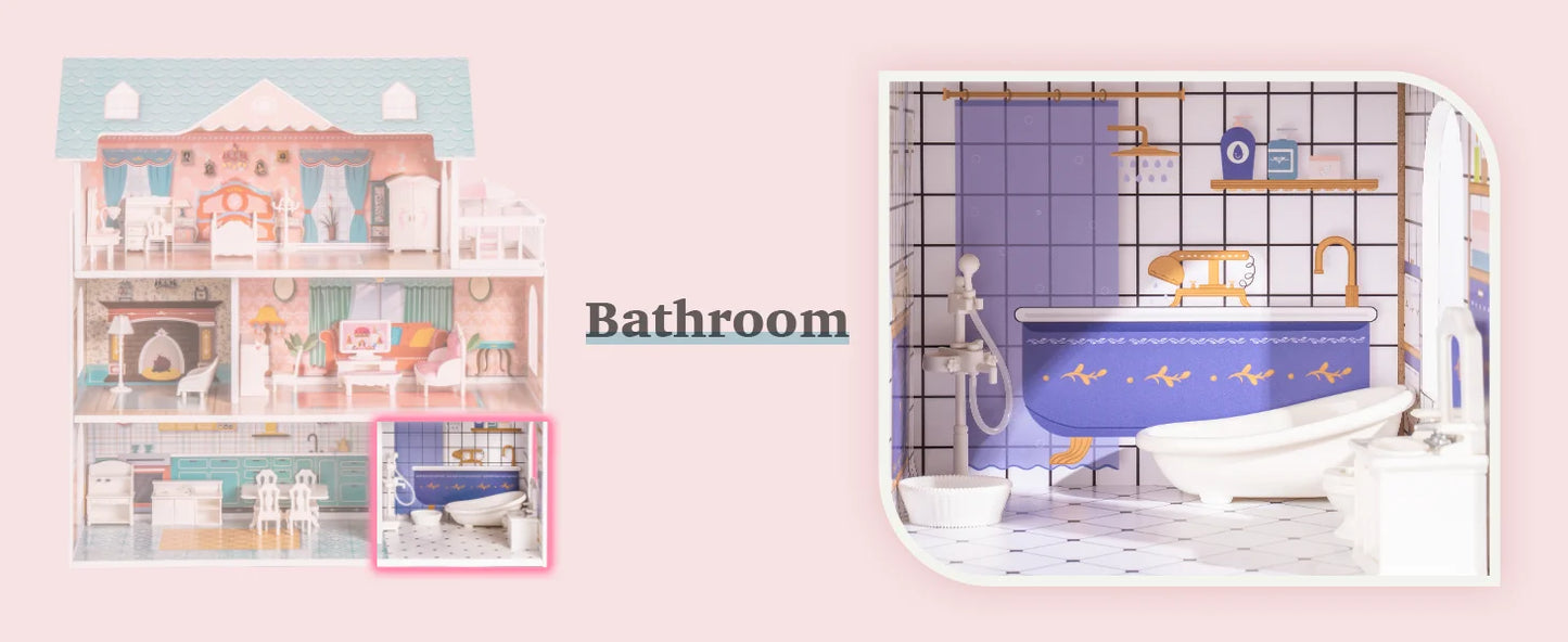 Robotime Robud Lady Wooden Dollhouse 3 Story with Balcony 28 Accessories Toy Gift for 3+Years Kid Girls