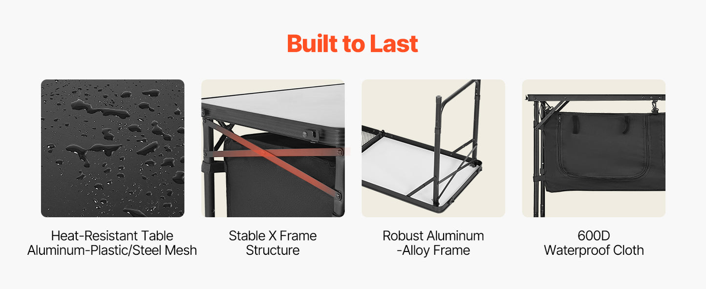 SucceBuy Camping Kitchen Table Outdoor Cooking Table Aluminum Lightweight Portable Cook Station for BBQ Party Picnic RV Travel