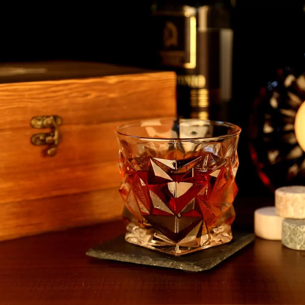 Whiskey Stones Gift Set - Whiskey Glass Set of 2 - Granite Chilling Whiskey Rocks - Scotch Bourbon Whiskey Glass Gift Box Set