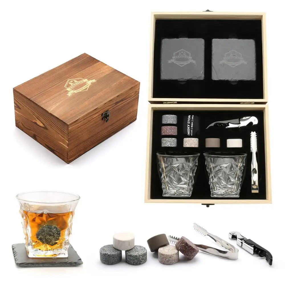 Whiskey Stones Gift Set - Whiskey Glass Set of 2 - Granite Chilling Whiskey Rocks - Scotch Bourbon Whiskey Glass Gift Box Set
