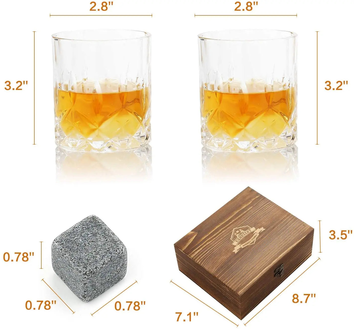 Whiskey Stones Gift Set - Whiskey Glass Set of 2 - Granite Chilling Whiskey Rocks - Scotch Bourbon Whiskey Glass Gift Box Set