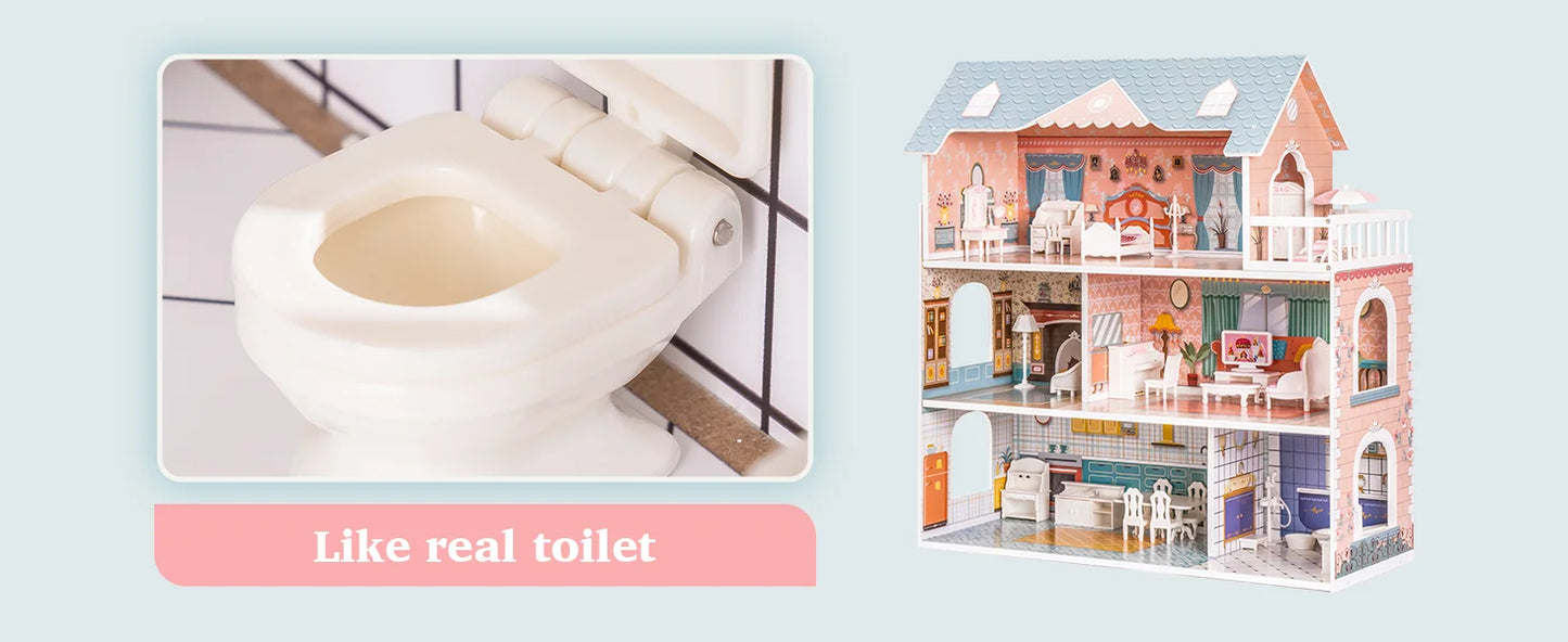 Robotime Robud Lady Wooden Dollhouse 3 Story with Balcony 28 Accessories Toy Gift for 3+Years Kid Girls