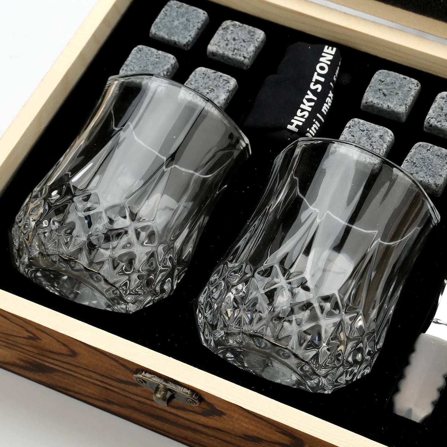 Whiskey Stones Gift Set - Whiskey Glass Set of 2 - Granite Chilling Whiskey Rocks - Scotch Bourbon Whiskey Glass Gift Box Set