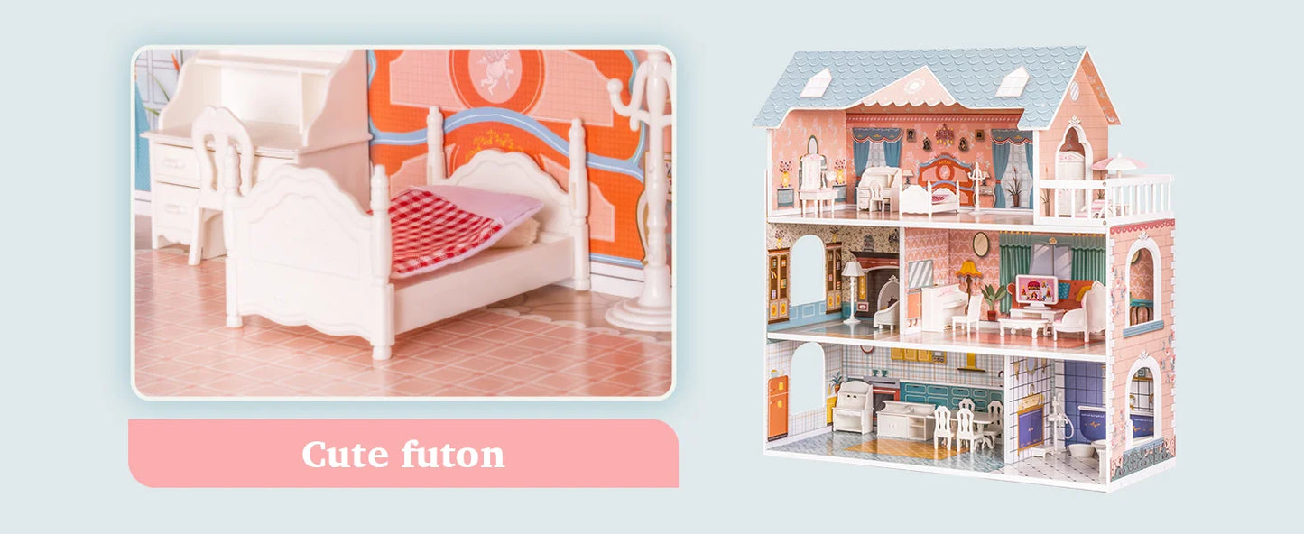 Robotime Robud Lady Wooden Dollhouse 3 Story with Balcony 28 Accessories Toy Gift for 3+Years Kid Girls