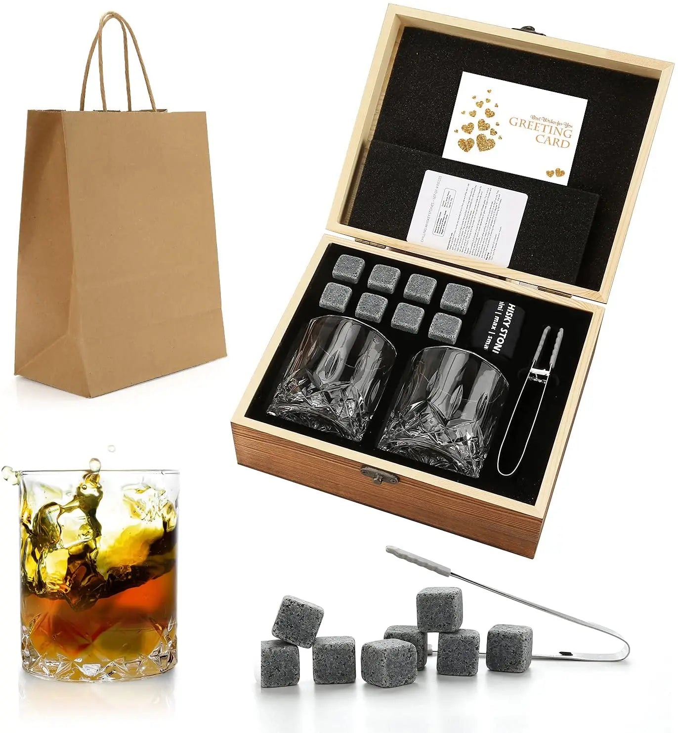 Whiskey Stones Gift Set - Whiskey Glass Set of 2 - Granite Chilling Whiskey Rocks - Scotch Bourbon Whiskey Glass Gift Box Set