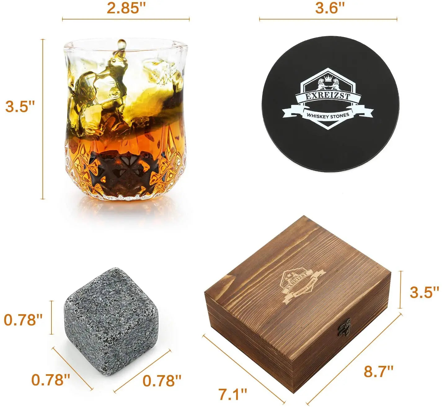 Whiskey Stones Gift Set - Whiskey Glass Set of 2 - Granite Chilling Whiskey Rocks - Scotch Bourbon Whiskey Glass Gift Box Set