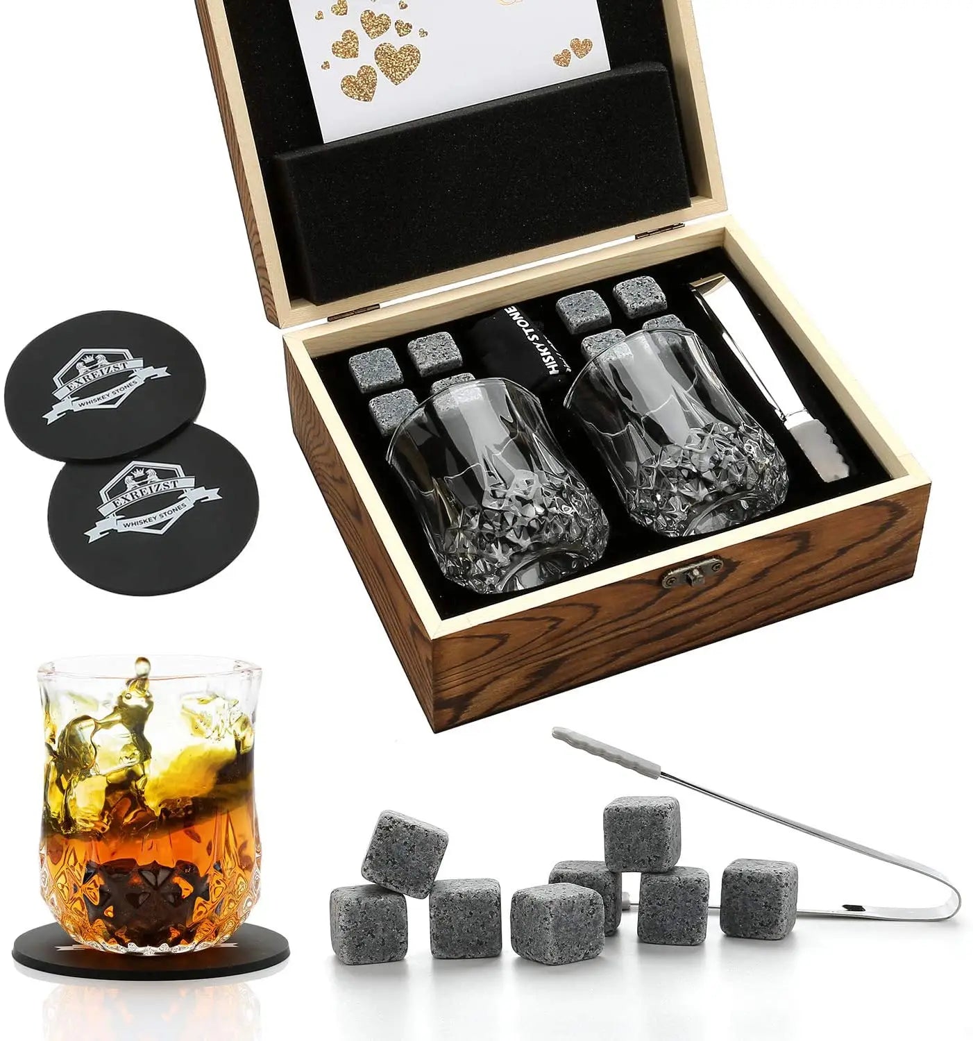 Whiskey Stones Gift Set - Whiskey Glass Set of 2 - Granite Chilling Whiskey Rocks - Scotch Bourbon Whiskey Glass Gift Box Set