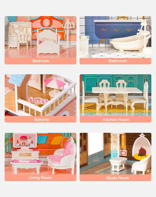 Robotime Robud Lady Wooden Dollhouse 3 Story with Balcony 28 Accessories Toy Gift for 3+Years Kid Girls