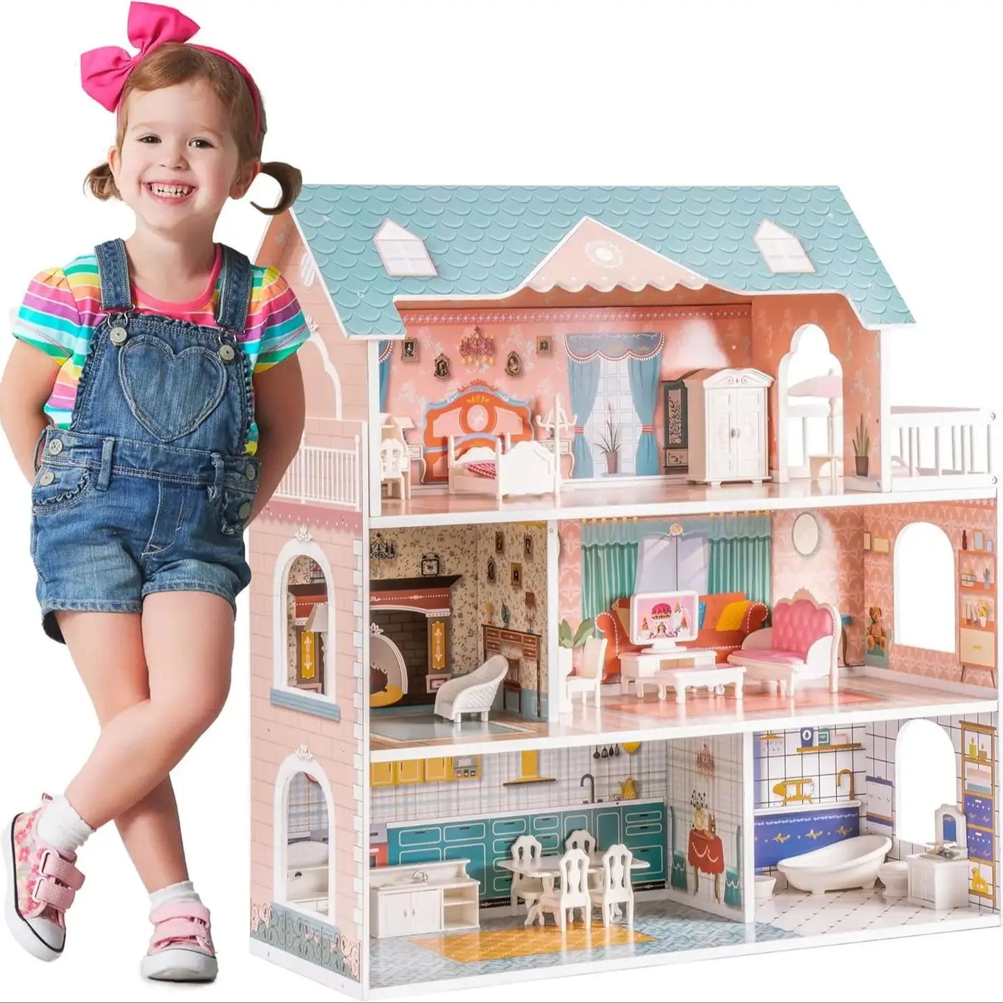 Robotime Robud Lady Wooden Dollhouse 3 Story with Balcony 28 Accessories Toy Gift for 3+Years Kid Girls