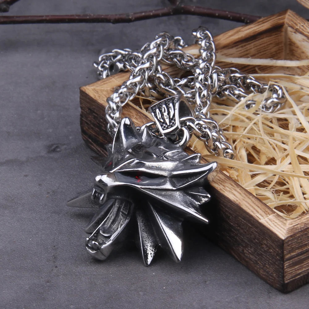 Stainless Steel Viking jewelry Wizard 3 Wild Hunt Game pendant necklace Geralt wolf head necklace with wooden box