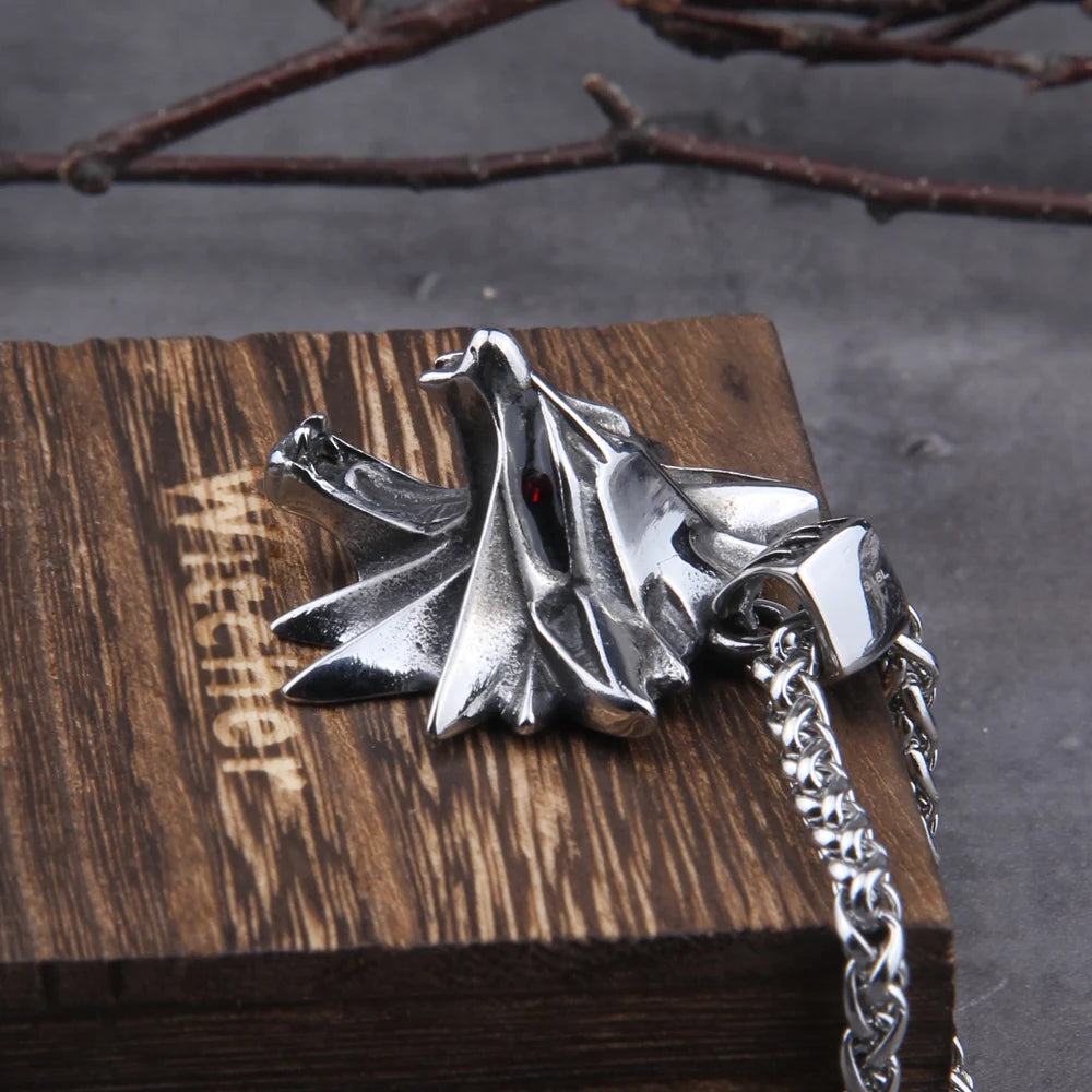 Stainless Steel Viking jewelry Wizard 3 Wild Hunt Game pendant necklace Geralt wolf head necklace with wooden box