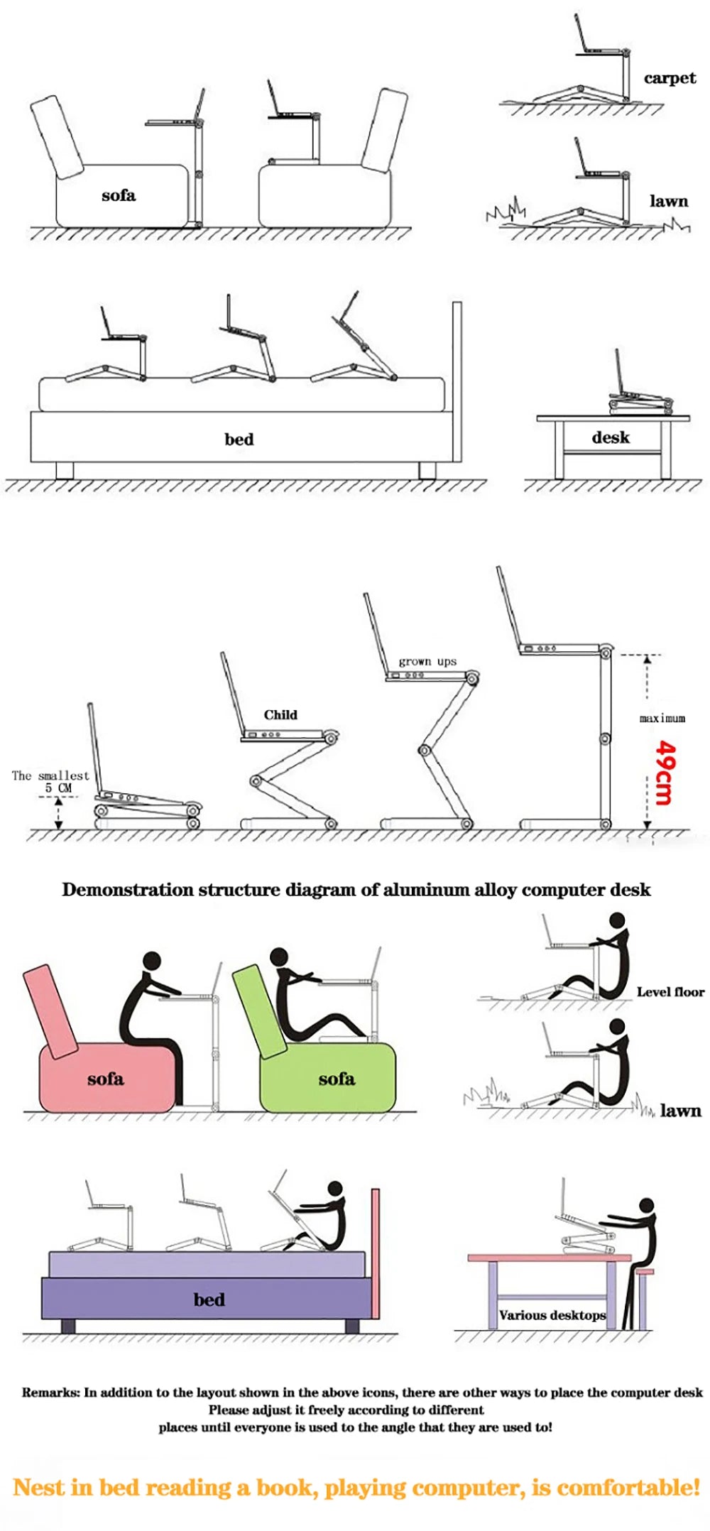Adjustable Laptop Desk Stand Portable Aluminum Alloy Lapdesk For TV Bed Sofa PC Notebook With Mouse Pad Table Desk Stand Black