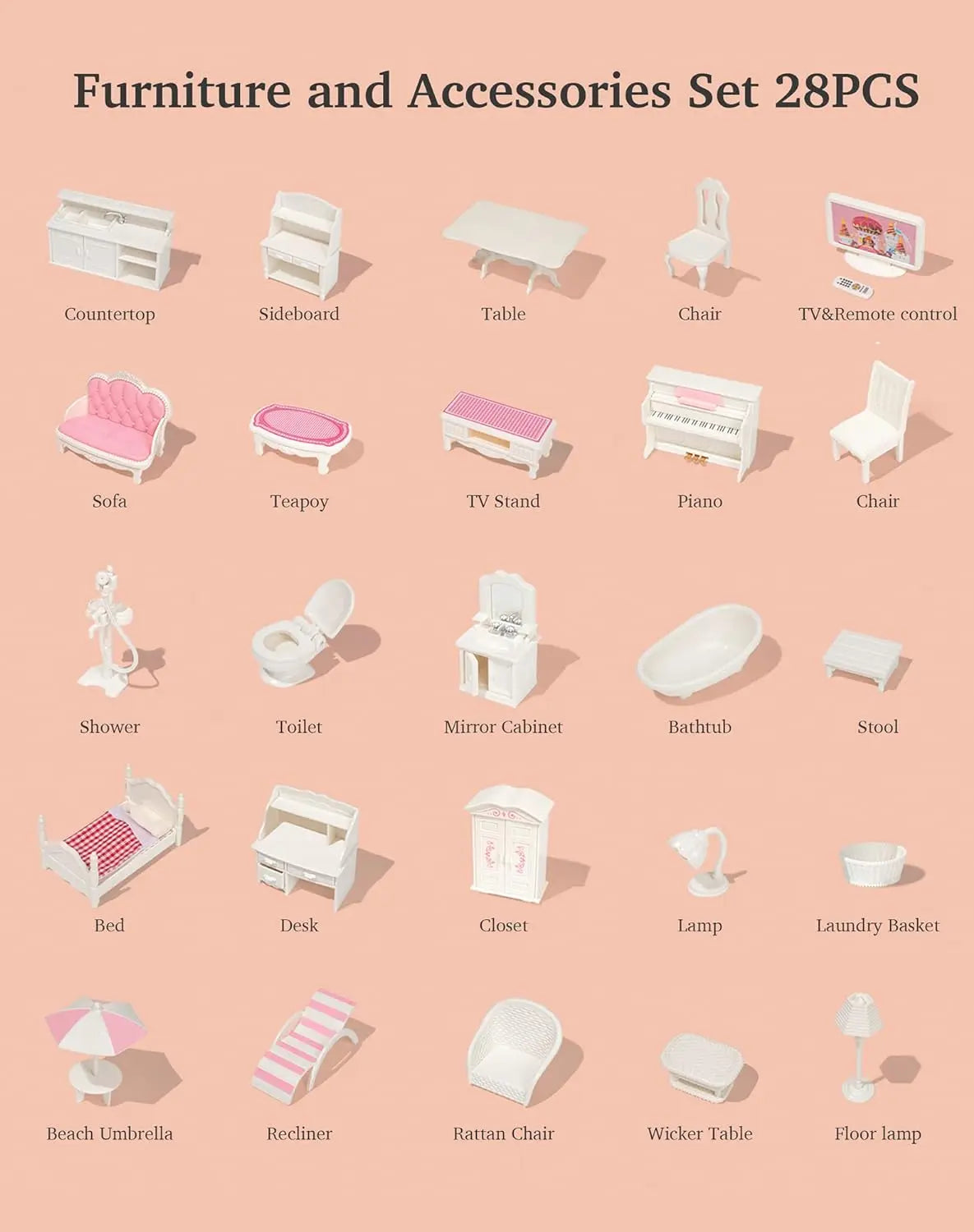 Robotime Robud Lady Wooden Dollhouse 3 Story with Balcony 28 Accessories Toy Gift for 3+Years Kid Girls