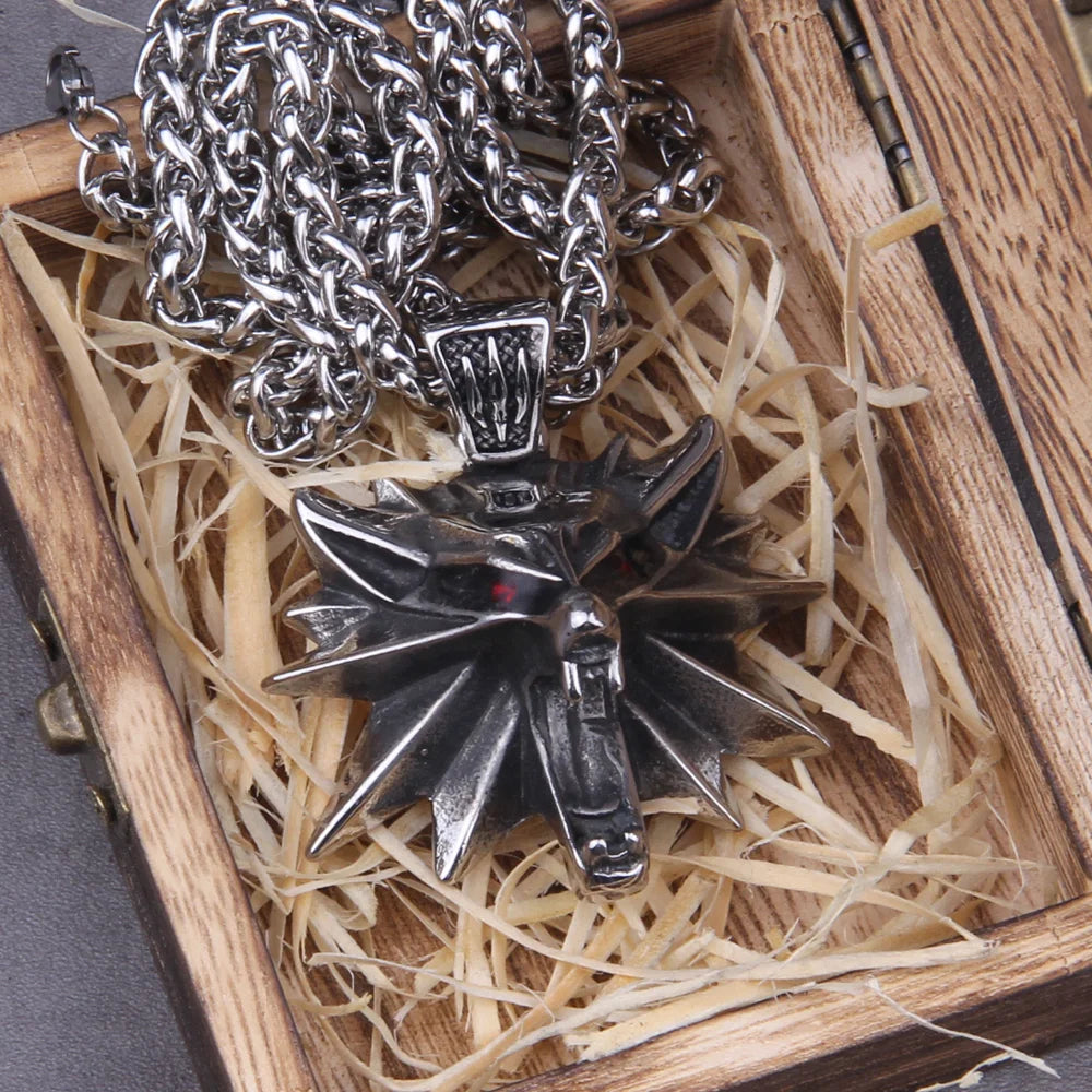Stainless Steel Viking jewelry Wizard 3 Wild Hunt Game pendant necklace Geralt wolf head necklace with wooden box