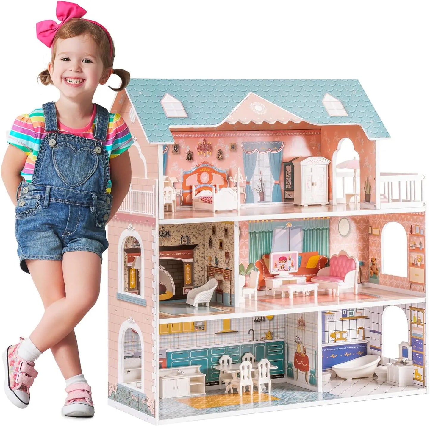 Robotime Robud Lady Wooden Dollhouse 3 Story with Balcony 28 Accessories Toy Gift for 3+Years Kid Girls