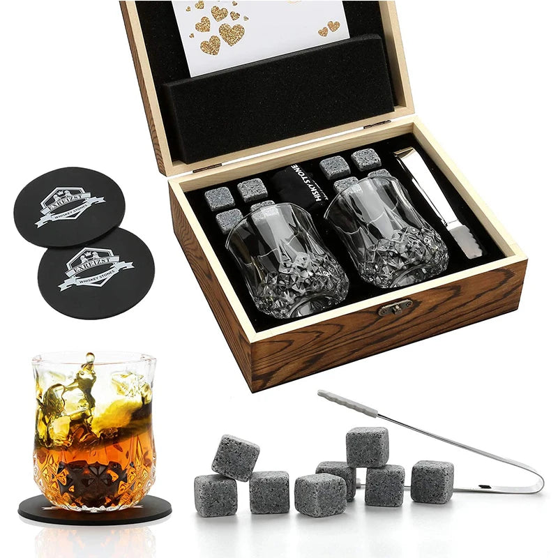 Whiskey Stones Gift Set - Whiskey Glass Set of 2 - Granite Chilling Whiskey Rocks - Scotch Bourbon Whiskey Glass Gift Box Set