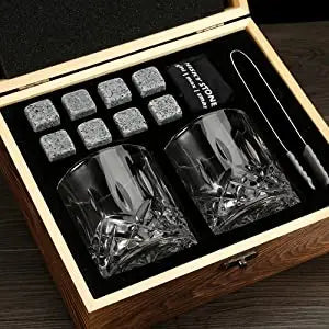 Whiskey Stones Gift Set - Whiskey Glass Set of 2 - Granite Chilling Whiskey Rocks - Scotch Bourbon Whiskey Glass Gift Box Set